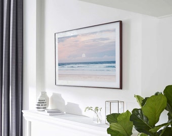 Frame TV Art Ocean Sunset, Pink Blue Seascape Frame TV Art, Beautiful Coastal Moon Digital Download Samsung Art TV, Calm Beach Photography