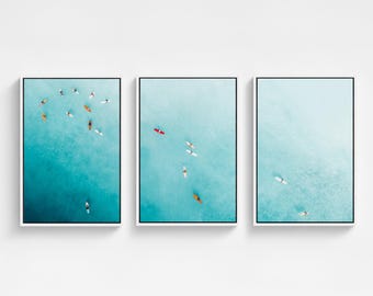 Framed Canvas Teal Ocean Surf Triptych: Set of 3 Coastal Wall Art Prints