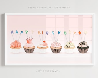 Happy Birthday Cupcakes Frame TV Art: Pastel Pink Design (Digital Download)