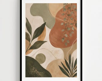 Abstract Botanical Wall Art Print, Earthy Organic Modern Japandi Decor, Framed or Unframed