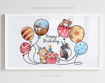 Birthday Animals Samsung Frame TV Art: Cupcake and Balloons (Digital Download)