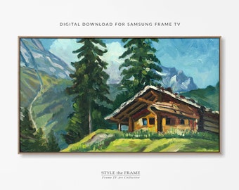 Samsung Frame TV Art Vintage Painting, Mountain Cabin Art for Frame TV, Winter Art Digital Download for Samsung Frame Tv