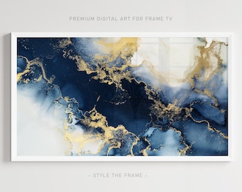 Blue Indigo Gold Marble Abstract Art for Frame TV (Digital Download)
