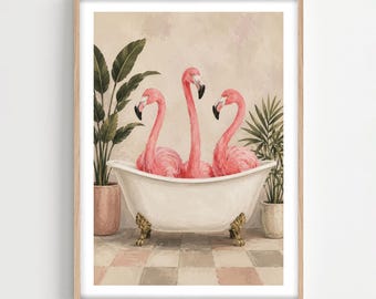 Pinker Flamingo in der Badewanne, Kunst, gerahmt oder ungerahmt