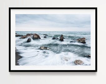 Coastal Ocean Photography Print, Moody Seascape Wall Art, Rocky Beach Landscape