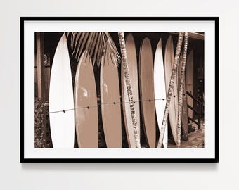 Hawaii Surf Photography Print, Vintage Surfboard Wall Art, Tropical Coastal Poster