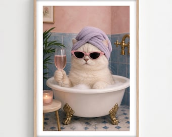 Katzen-Luxus-Spa-Badezimmer, Wandkunst, lustiges Schaumbad, gerahmt oder ungerahmt