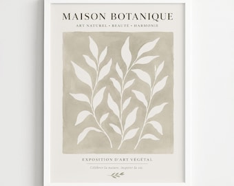 Botanical Wall Art Print, Neutral Minimalist Leaf Exhibition Poster, Framed or Unframed Decor