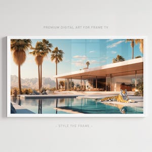 Arte de TV con marco de tigre de Palm Springs: Moderna de mediados de siglo junto a la piscina (Descarga digital)