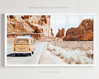 Samsung Frame TV Art Arizona Rocks, Summer Travel in Vintage Bus Van, Desert Landscape DIGITAL Download Art for Tv
