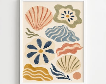 Seashell Wall Art, Mediterranean Inspired Painting Print, Coastal Boho Decor, Modern Organic Artwork