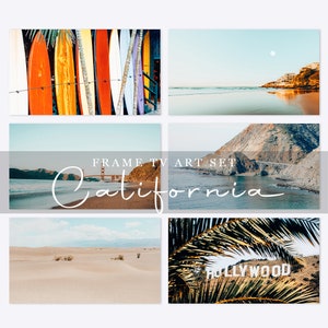 May include: A set of four framed prints featuring iconic California landscapes. The prints include a beach scene with a pier, a view of the Golden Gate Bridge, a desert scene with sand dunes, and a close-up of the Hollywood sign.