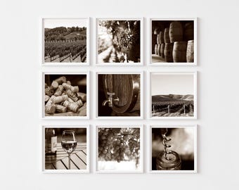 Sepia Wine Printable Wall Art Set of 9, Vintage Kitchen Bar Decor Download