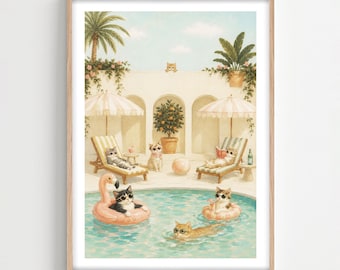 Summer Pool Katzen Wand Kunst Druck, mediterranen Pool Küsten Dekor, gerahmt oder ungerahmt