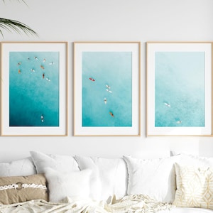 Zestaw 3 plakatów ściennych Teal Ocean, wydruki z motywem surfingu nadmorskiego, dekoracja plażowa, w ramie lub bez ramy