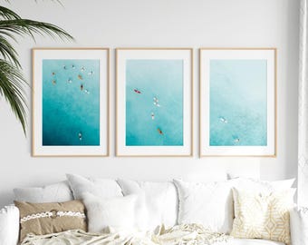 Teal Ocean Wandkunst 3er-Set, Coastal Surf Prints, Stranddekor, gerahmt oder ungerahmt