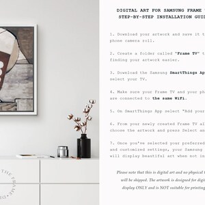 May include: A step-by-step guide for installing digital art on a Samsung Frame TV. The guide includes instructions for downloading artwork, creating a folder, connecting to Wi-Fi, and selecting artwork from the SmartThings app.