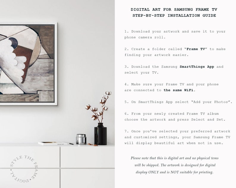 May include: A step-by-step guide for installing digital art on a Samsung Frame TV. The guide includes instructions for downloading artwork, creating a folder, connecting to Wi-Fi, and selecting artwork from the SmartThings app.