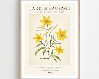 Wildblumen Wand Kunstdruck, Gelb Botanisches Aquarell Cottagecore Dekor, gerahmt oder ungerahmt