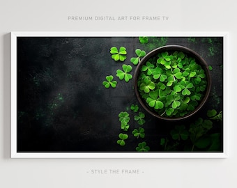 Diseño para televisor Samsung Frame del Día de San Patricio, descarga digital de trébol, protector de pantalla negro y verde.
