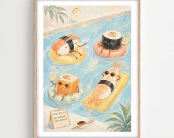 Lustiger Sushi Sommer Druck, Wunderliche Japanisches Essen Wand Kunst, Süßes Küchen Dekor für Sushi Liebhaber