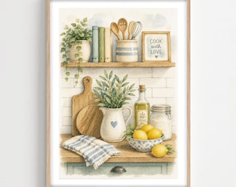 Farmhouse Kitchen Wall Art Print, Rustic Watercolor Still Life Decor, Framed or Unframed