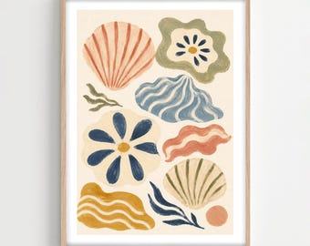 Muschel Wandkunst, Mediterran inspirierte Malerei Druck, Boho Küstendekor, modernes organisches Kunstwerk