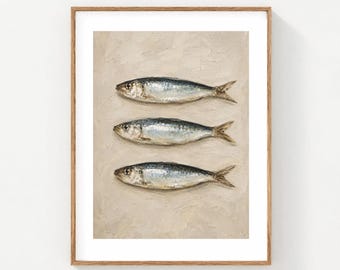 Sardine Wall Art Print - Coastal Fish Fine Art Print, Vintage Nautical Kitchen Wall Decor