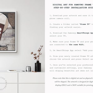 Peut inclure: Un guide &eacute;tape par &eacute;tape pour installer de l'art num&eacute;rique sur un t&eacute;l&eacute;viseur Samsung Frame. Le guide comprend des instructions pour t&eacute;l&eacute;charger des &oelig;uvres d'art, cr&eacute;er un dossier, se connecter au Wi-Fi et s&eacute;lectionner des &oelig;uvres d'art depuis l'application SmartThings.