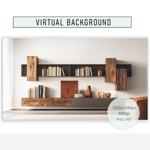 May include: A virtual background featuring a modern living room with a wooden shelf unit, a brown leather armchair, and a vase with a single flower. The shelf unit has a variety of books and decorative items. The background is a light gray color. The image is 1920x1080 pixels and 300dpi, making it a full HD image.