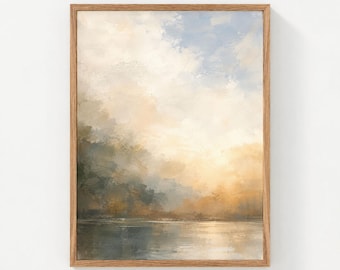 Misty Lake Landscape Painting, Abstract Canvas Fine Art Print, Neutral Nature Wall Art