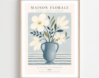 Blumen Wand Kunstdruck, Blaue Vase Botanisches Cottagecore Dekor, gerahmte oder ungerahmte Dekoration