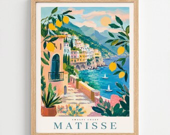 Matisse Inspired Amalfi Coast Poster - Colorful Travel Wall Art, Mediterranean Decor for Beach House