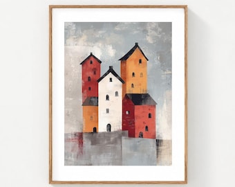 Abstract Village Wall Art Print - Colorful Houses Fine Art Print, Scandinavian Modern Wall Decor