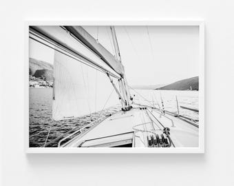 Black and White Sailboat Photography Print: Modern Coastal Art (Digital Download)