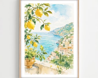 Amalfi Coast Wall Art, Italian Lemon Coastal Landscape Decor, Framed or Unframed Print