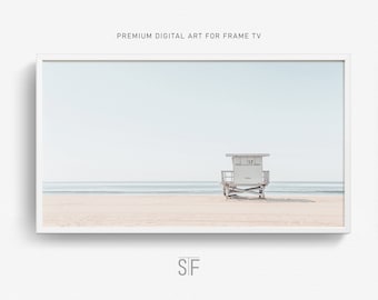 Samsung Frame TV Art Sandy Beach, Beach Hut Summer Art, Lifeguard Tower and Calm Sea Frame Tv Art, Frame Tv Art Seascape