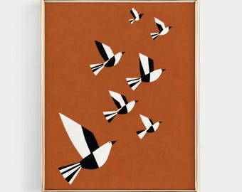 Flying Birds Canvas Wall Art, Fine Art Terracotta Mid Century Artwork, Modern Home Decor