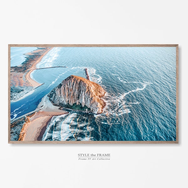 Samsung Frame TV Art Aerial Beach - Morro Bay Rock California Coastal Photography DIGITAL Download Art - Pacific Ocean Shore 4K HD