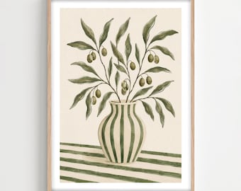 Olivenzweig Wandkunst, mediterranes Stillleben, grüne botanische Dekoration, modernes organisches Kunstwerk