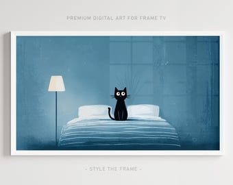 Frame TV Art Black Cat Illustration, Funny Bedroom Cat Blue Minimal Artwork Digital Download