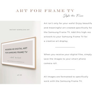 Peut inclure: Une impression d'art num&eacute;rique pour un t&eacute;l&eacute;viseur Samsung Frame. L'impression est de couleur beige clair avec le texte "MODERN HD DIGITAL ART FOR SAMSUNG FRAME TV" en noir. Le texte "instant download" est &eacute;galement inclus en noir. L'impression est encadr&eacute;e dans un cadre en bois clair. Le texte "4K HD" est sous le cadre.