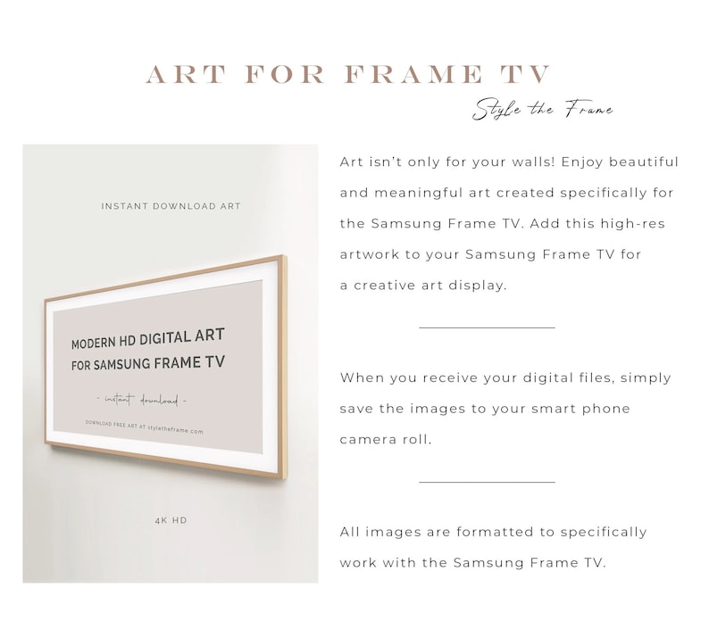 Peut inclure: Une impression d'art num&eacute;rique pour un t&eacute;l&eacute;viseur Samsung Frame. L'impression est de couleur beige clair avec le texte "MODERN HD DIGITAL ART FOR SAMSUNG FRAME TV" en noir. Le texte "instant download" est &eacute;galement inclus en noir. L'impression est encadr&eacute;e dans un cadre en bois clair. Le texte "4K HD" est sous le cadre.