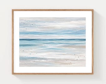 Abstract Coastal Wall Art Print - Blue Ocean Seascape Fine Art Print, Neutral Beach Wall Decor, Coastal Landscape