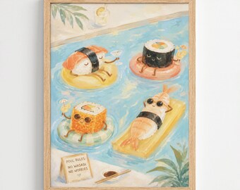 Funny Sushi Summer Pool Print, Whimsical Japanese Food Wall Art, Kitchen Decor