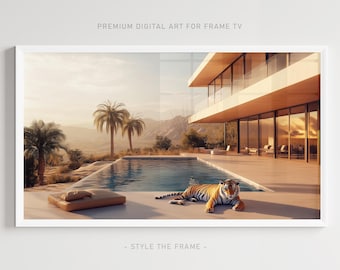 Frame TV Art: Tiger by the Pool, Mid-Century Modern Palm Springs (Digital Download)