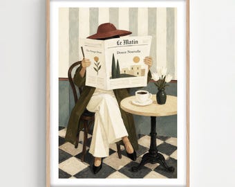 Französisches Café Modewandkunst, lesende Frau Illustration Druck, gerahmt oder ungerahmt Küchendekoration