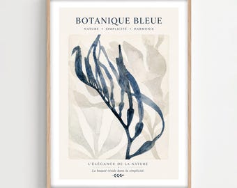 Blaue botanische Wand-Kunstdruck, minimalistisches Aquarell Blatt-Dekor, gerahmt oder ungerahmt