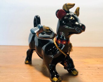 Vintage Redware Brown Cow Sugar Bowl - Mid Century Sugar Bowl-Cow with Blue Bow - Christmas Gift