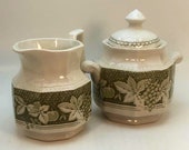 Sage Olive Green TRANSFERWARE Sugar bowl and Cream Pitcher, Scrolls Leaves and Vines